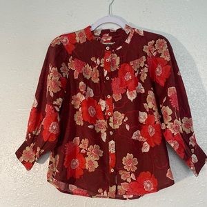 Anthropologie Porridge Puff Sleeve Floral Button Up Peasant Top Sz X-Small Red